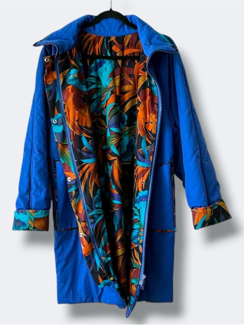 Vintage 90s Royal Blue Statement Parka - Tropical Floral Lining - Oversized XL - Picture 6 of 12
